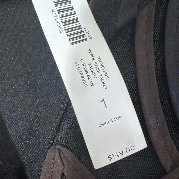Chico’s travelers Neutral Swirl strip jacket brown navy size 1 8/10 NWT - Picture 5 of 13